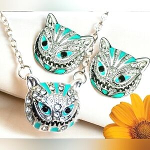 Silver plated blue white crystal Cheshire cat necklace earrings set